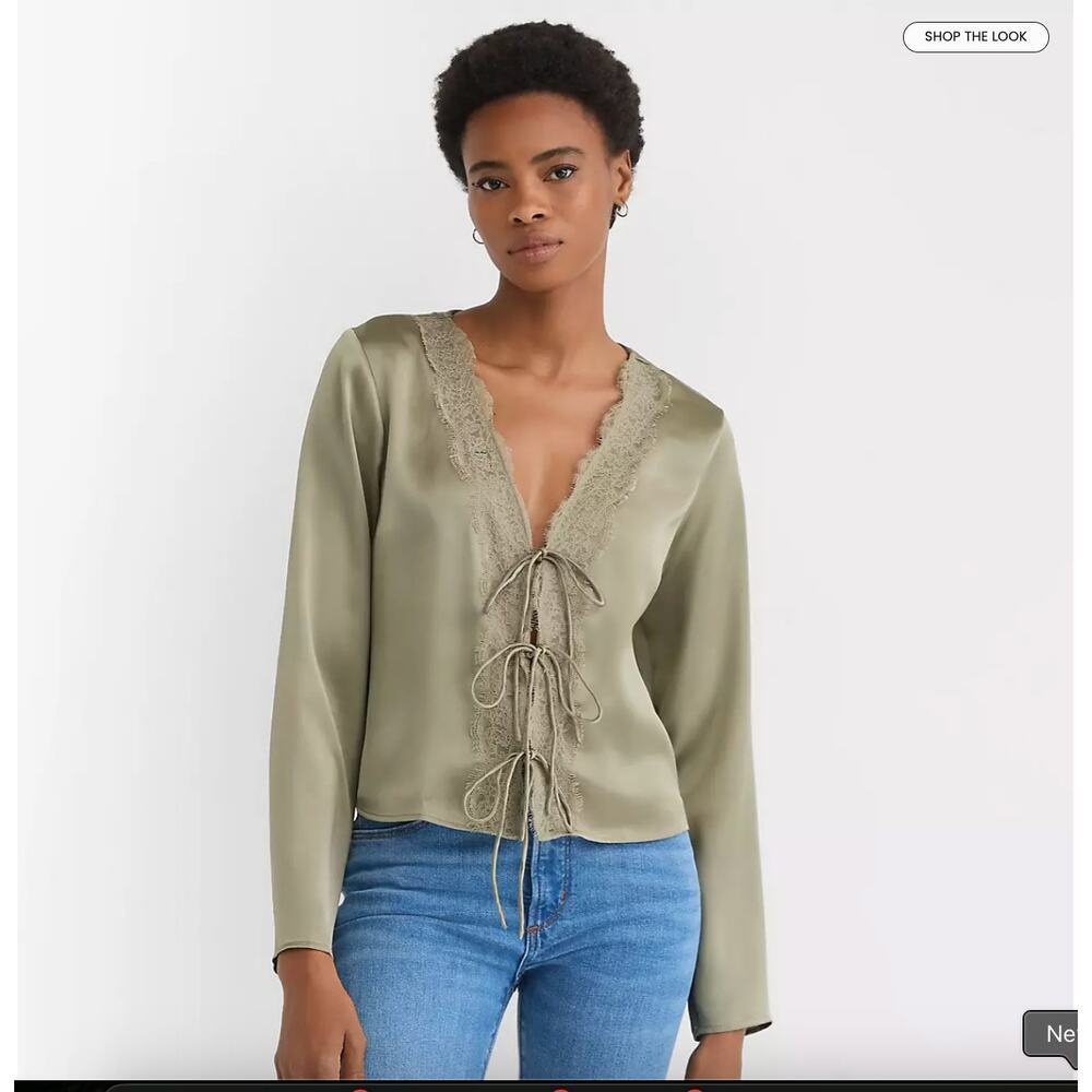 LOFT Lace Trim Satin Bow Blouse Sage Olive Green Size XL NWT